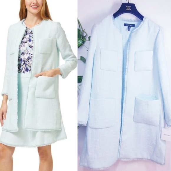 NWT ELLEN TRACY Celadon  Women Light Green Blazer  Open Long Sleeves Fringed Hem - Picture 4 of 13